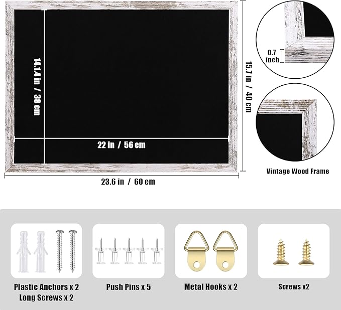 Black Felt Bulletin Board, 23.6x15.7 inches Decorative Bulletin Boards for Walls with Wood Frame, Pin Board Vision Board for Office Home Kitchen and School with Pins (BK,4060,1p)
