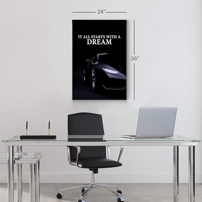 Smile Art Design It All Starts with a Dream Black Sports Car Luxury Motivational Wall Art Canvas Print Inspirational Wall Art Entrepreneur Quote Office Living Room Decor Gift Ready to Hang 28x19