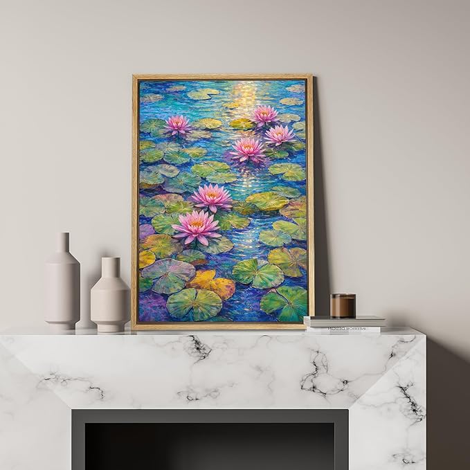 SIGNFORD Framed Canvas Print Wall Art Water Lilies in the Light Illustration Minimalism Decorative Colorful Mid-Century for Living Room, Bedroom, Office - 16"x24" NATURAL