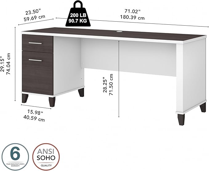 Bush Home 72-inch Home Office Desk with Drawers, Large Computer Table for Personal Workspace, Somerset Collection, White and Storm Gray