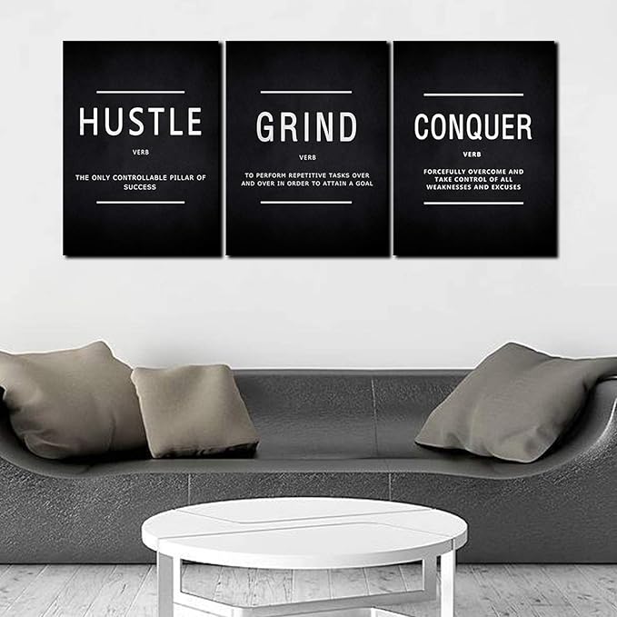 BWSPACE Wall Art Office Decor Motivational Wall Art Canvas Prints Entrepreneur Bundle Set 3 Pieces BW SPACE Grind Hustle Success Execution (60inch W x 28inch H, HGC)