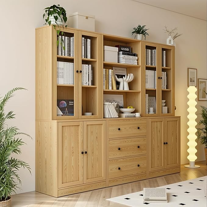 TUSY 71" H Bookshelf with Storage, 6-Tier Modern Bookshelves with 3 Large Drawer, Display Bookcase with Glass Doors, Modern 5-Tier Curio Cabinet for Home Office, Dining Room (Wood, ABA)