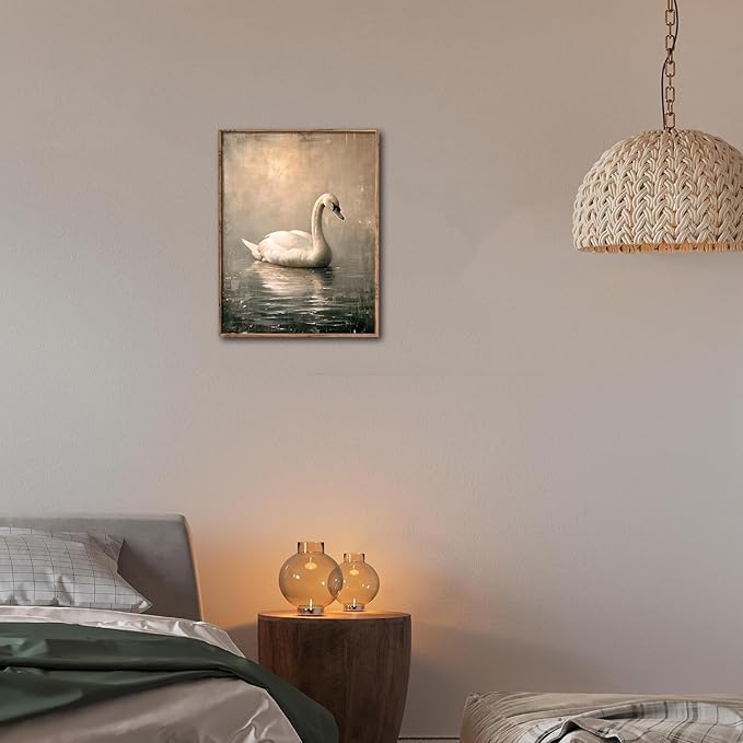 Kizbok Vintage Wall Art Decor Neutral Swan Canvas Prints Farmhouse Wall Decor Rustic Swan Vintage Art Pictures for Nursery Bedroom Bathroom Office Decor(12" x 16"-UNFRAMED)