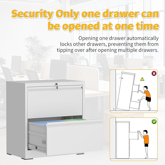 File Cabinet with Lock, 2 Drawer Filing Cabinets for Home Office, Metal Heavy Duty Lateral File Cabinet for Hanging Letter/Legal/F4/A4 Size Files, Assembly Required (White)
