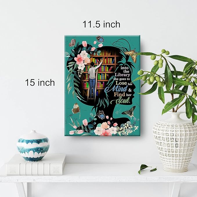 Books Wall Art into the Library Canvas Painting Prints for Home Wall Decor Framed Reading Books Artwork Book Lover Gifts(12x15 Inch)