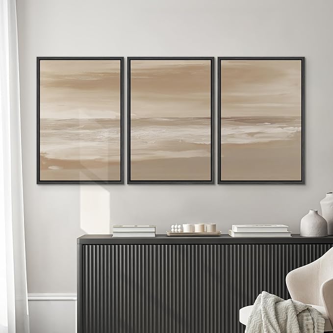 SIGNWIN Framed Canvas Print Wall Art Set Serene Sand & Sea Illustrations Decorative Relax/Calm Zen for Living Room, Bedroom, Office - 16"x24"x3 BLACK