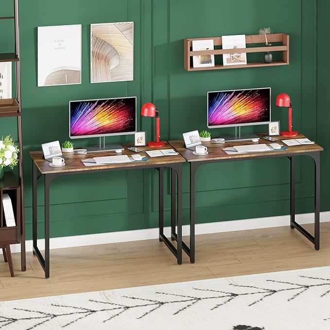 39 Inch Computer Desk Set of 2, Office Desk with Metal Frame, Home Office Desk, Modern Simple Style for Small Space Home Office, Living Room, Bedroom, Brown