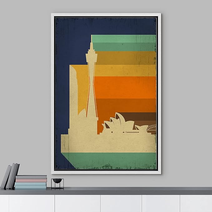 IDEA4WALL Framed Canvas Print Wall Art Retro Vintage Sydney Australia Cultural Building Illustrations Modern Art Contemporary Scenic Warm for Living Room, Bedroom, Office - 24"x36" WHITE