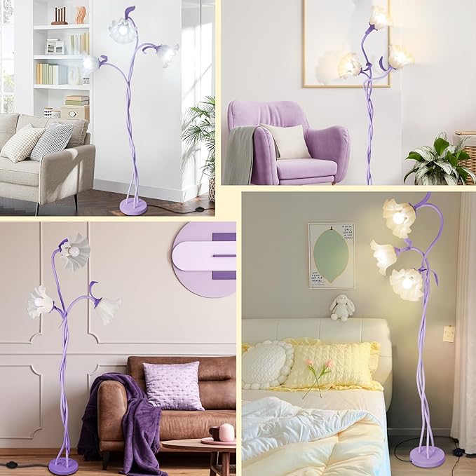 Flower Standing Lamp for Bedroom, Cute Corner Floor Lamp with Flexible Gooseneck, 3 Light Floor Reading Lamp with 3 Color Temperatures, Bulbs Included, Tall Floor Lamp for Living Room Corner(Purple)