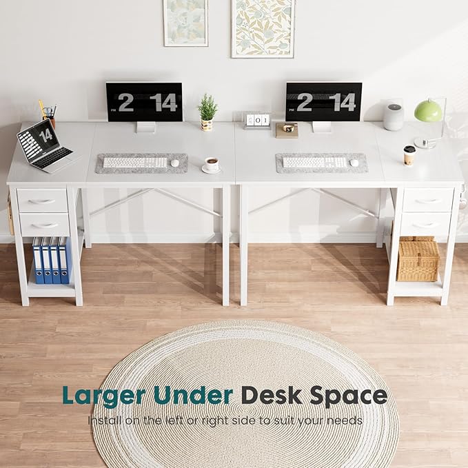 Sweetcrispy 40 Inches Computer Desk with Drawers, Home Office Writing Desk with X-Shaped Reinforcement, Modern Study Work Table with Side Hook, Sturdy Metal Frame, White