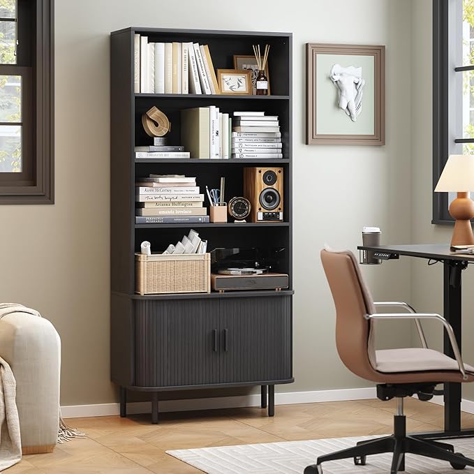 ONBRILL 71" Tall Bookshelf, 4-Tier Bookcase with Storage Cabinet & Adjustable Shelves, Floor Standing Wooden Bookshelf with Sliding Door and Adjustable Footpad, for Home Office, Living Room, Black