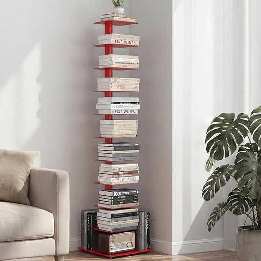 Suchtale 11-Tier Spine Bookshelf Tower,Tall Vertical Book Organizer,Metal Floor Standing Bookshelf for Small Spaces,Narrow Bookcase for Living Room,Bedroom & Office,Adjustable Shelf Directions,Red