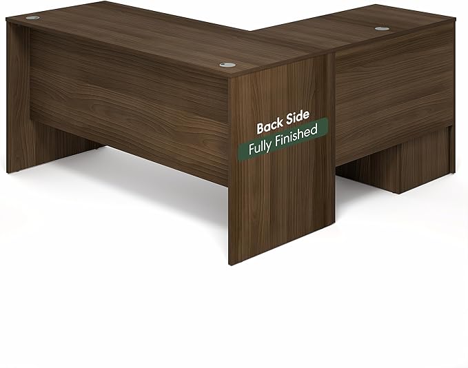 Furinno Roger 60 Inch L-Shaped Executive Desk with File Cabinet, L-Shaped Office Desk with 3-Drawer Fixed Pedestal Filing Cabinet, Desk Cord Grommet, for Home Office, Modern Walnut