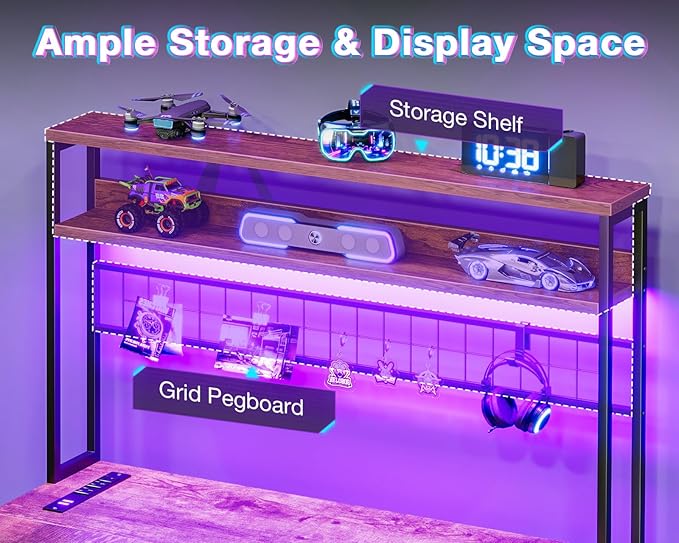 AODK L Shaped Desk Gaming Desk with LED Light & Power Outlet, 59 Inch Reversible L Shaped Computer Table with 4 Drawers for Home Office, Vintage