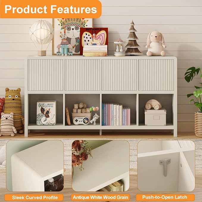 FATORRI Bookcase 8 Cube Storage Organizer, Horizontal Bookshelf with 4 Doors, Long Wooden Book Shelf for Living Room, Home Office (Antique White)