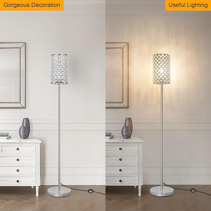 Crystal Floor Lamp, Modern Standing Lamp with Elegant Shade, LED Floor Lamp with On/Off Foot Switch Silver Finish Tall Pole Lamp Accent Lights for Living Room, Girl Bedroom, Dresser, Office (E26 Base)