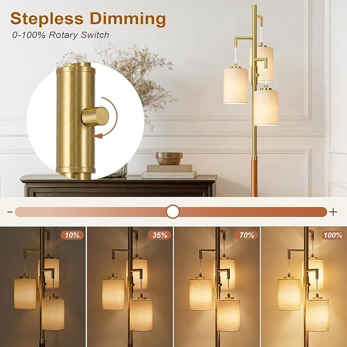 70" Wood Floor Lamp Dimmable Floor Lamps for Living Room Bedroom Mid Century Modern Floor Lamp Gold Standing Lamp Tall Lamps for Office Nursery Reading Elegant Stand Up Lamp, 3 Bulbs Included