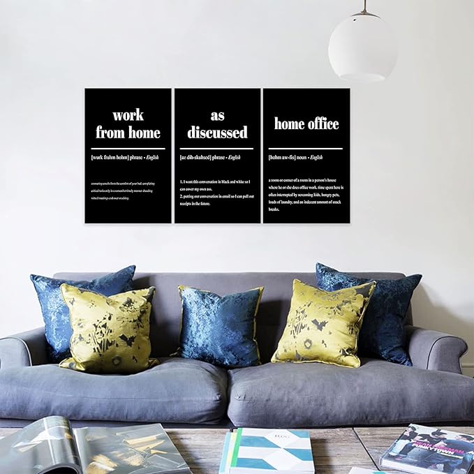 3 Piece Inspirational Canvas Wall Art, Quote "Work From Home - as Discussed - Home Office" Motivational Print Picture, Triptych Entrepreneur Poster Framed Artwork for Men Women Room Decor(72"Wx36" H)