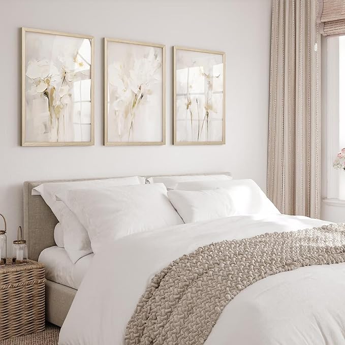 Neutral Wall Art Abstract Floral Canvas Pictures Beige Flower Wall Decor Modern Painting Minimalist Poster Abstract Botanical Prints White Artwork for Bedroom Living Room 16x24x3 Inch Wood Framed