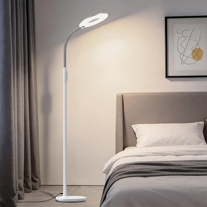 GyroVu LED Floor Lamp, Touch Control Bright Reading Floor Lamps for Living Room, 70'' Dimmable 3 Color Temperature Standing Tall Lamp with Adjustable Gooseneck for Bedroom Office Craft Sewing, White
