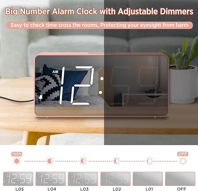 Peakeep Digital Clock, Alarm Clock Battery Backup Powered for Bedrooms - Mirror Face Large Numbers 6 Dimmers for Seniors, Super Loud for Heavy Sleepers (Pink)