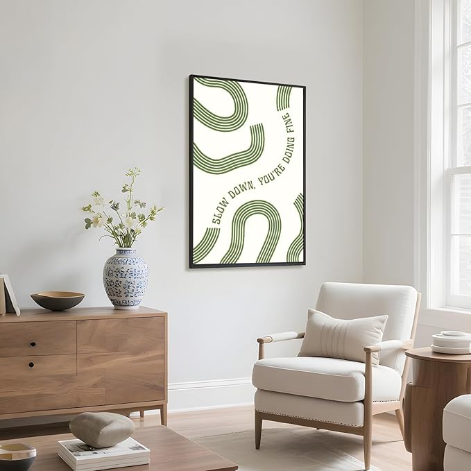 Slow Down You’re Doing Fine Wall Art Retro Minimalist Motivational Quote Music Poster Inspirational Midcentury Song Lyrics Sage Green Canvas Prints for Bedroom Home Decor 24x36inch Black Framed