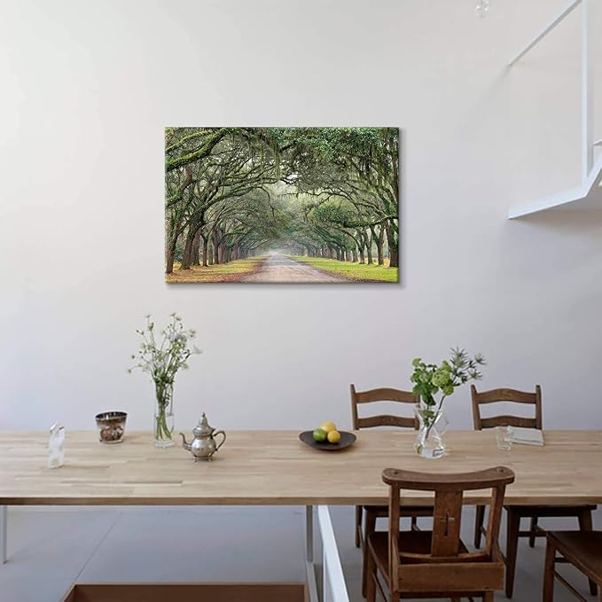 Hardy Gallery Green Forest Landscape Wall Art: Nature Canvas Oak Tree Lined Road of Savannah Artwork Picture Large Painting for Home Wall Decor (45'' x 30'' x 1 Panel)