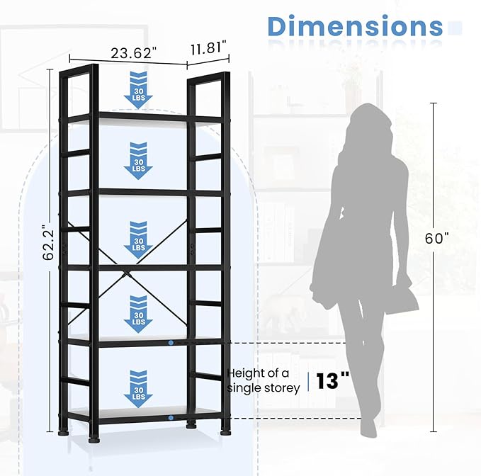 DUMOS 5 Tiers Bookshelf, Classical Book Shelf, Tall Display Shelves in Living Room/Home/Office, Storage Organizer for CDs/Books/Movies, Modern Black