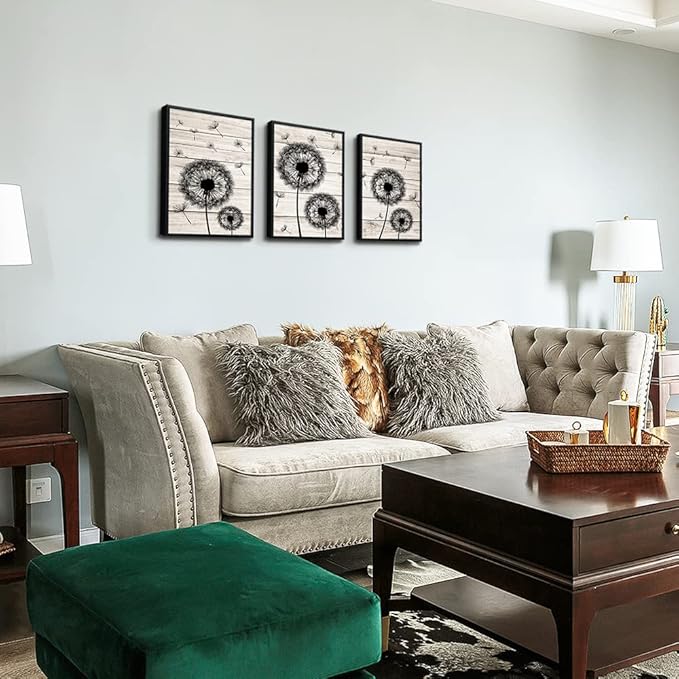 Framed Wall Art For Living Room Wall Decor For Bedroom Fashion Office Decor Abstract Wall Painting Black Dandelion Flowers Hang a Pictures Artwork Kitchen Home Decoration 3 Piece Black Wood Framed