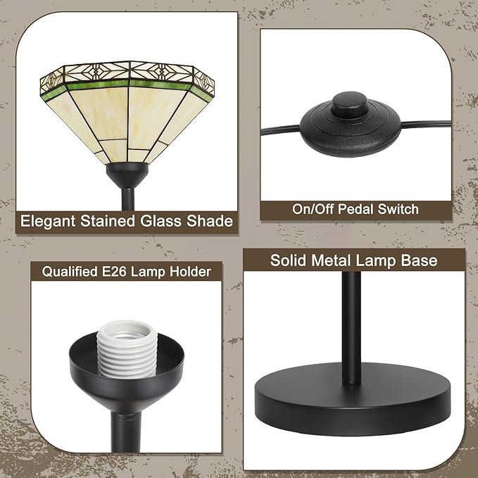 Floor Lamp with Stained Glass Shade, Vintage Style Torchiere Standing Lamp, Tall Pole Lamp with Foot Switch, Mid Century Modern Decorative Corner Light for Living Room Bedroom Home Office(E26 Base)
