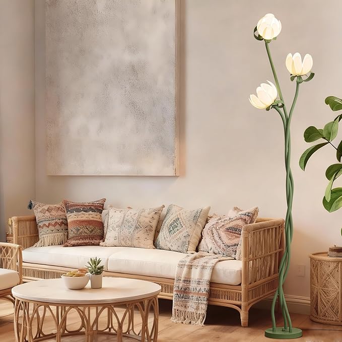 Vintage Floral Floor Lamp with 3 Adjustable LED Heads, Green Standing Lotus Light for Living Room Bedroom, 67" Tall Artistic Metal Lamp with Petal Shades, Foot Switch, LED Bulbs Included