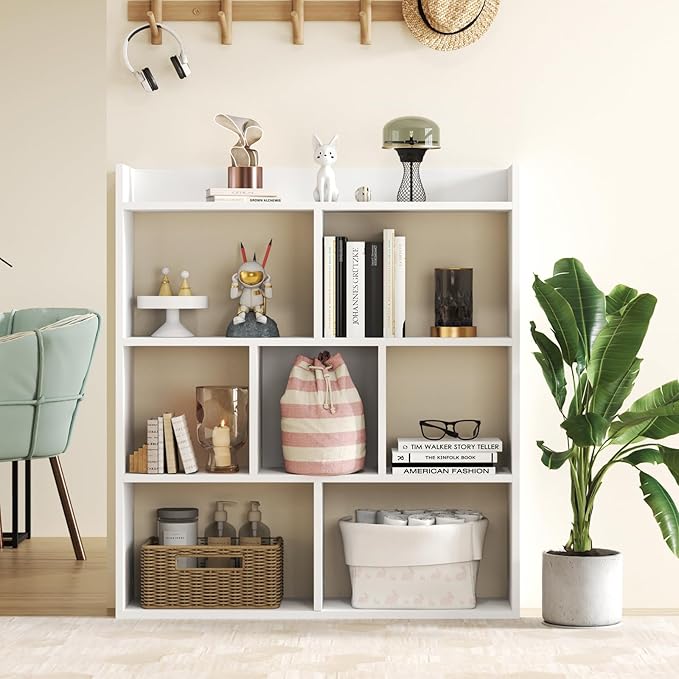 Tangkula 7-Cube Bookshelf, Floor Standing Open-Back Bookcase with Anti-Toppling Devices, Wooden Geometric Bookshelf, 4-Tier Storage Display Shelf for Living Room, Study, Office (1, White)