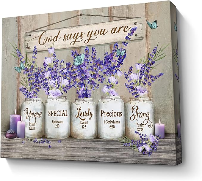 Parylore God Says You Are Canvas Wall Art Inspirational Lavender Butterflies Wall Decor Marson Jars Bible Verses Picture Framed Modern Artwork for Bedroom Bathroom Office Home Decor 16x20 In