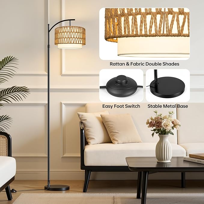Floor Lamps for Living Room Rattan Boho Floor Lamp with Shade, Boho Standing Lamp with Rattan & Fabric Shades, Adjustable Tall Lamp for Living Room Bedroom