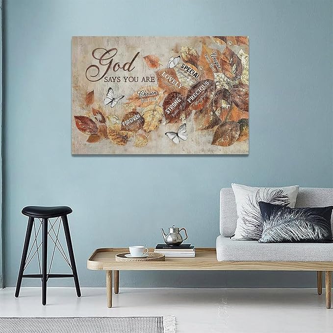 yerretin Fall Christian Leaves Wall Art Autumn Religious Pictures Wall Decor Rustic God Says Canvas Painting Modern Artwork Home Decoration for Living Room Bathroom Bedroom Office Framed 24"x16"