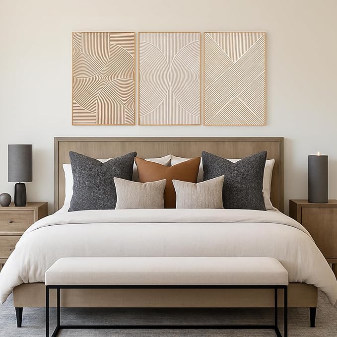 Zessonic Neutral Minimalist Textured 3D Wall Art Abstract Hand-Painted Framed Wall Decor Geometric Artwork Canvas Paintings- Living Room Bedroom Office - Modern Boho Neutral Line 16"x24" 3 piece