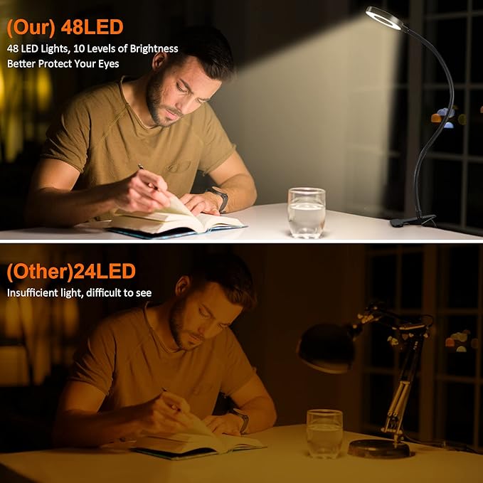 Dpower Clip on Light Reading Lights, 48 LED USB Desk Lamp with 3 Color Modes 10 Brightness, Eye Protection Book Clamp Light, 360 ° Flexible Gooseneck Clamp Lamp for Desk Headboard Video Conferencing