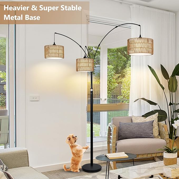 Airposta Black Arc Floor Lamps for Living Room, Farmhouse Boho Floor Lamp for Bedroom, Industrial Standing Lamp for Office, Dimmable Tall Lamp with Rattan Lampshades, Reading Arched Light