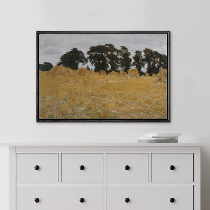 MUDECOR Framed Canvas Print Wall Art Golden Wheat Field with Trees Rustic Illustrations Minimalism Decorative Relax Colorful for Living Room, Bedroom, Office - 24"x36" Black