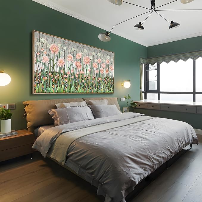 amatop Large Botanical Wall Art - Modern Floral Canvas Print, Pale Pink and Green Abstract Wildflower Oversized Framed Artwork for Living Room, Bedroom, Office Wall Decor (58x29 in)