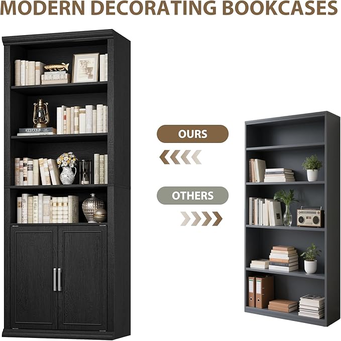 Rresyet 28" W Bookcase with Doors, Modern Tall Bookshelf 6-Tier Black Bookshelves with Storage Cabinet for Office, Living Room, Library