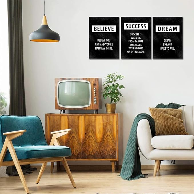 3 Piece Motivational Wall Art - Framed Believe Success Dream Canvas Prints Positive Quotes Poster Inspirational Wall Decor Office Picture Black Inspiring Artwork Modern Painting for Home, 12x16 in