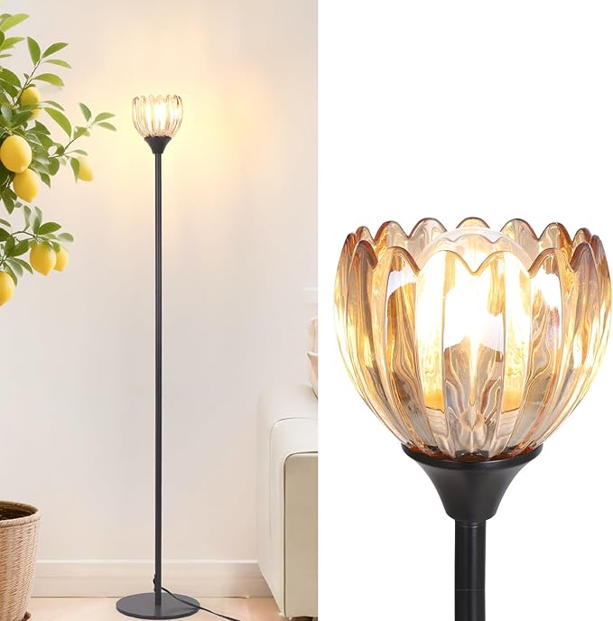 Floor Lamps for Living Room, Bedroom, Black Standing Lamp with 12W Bulb, Vintage Floor Lamp for Reading, Nursery, Corner (Amber Tulip)