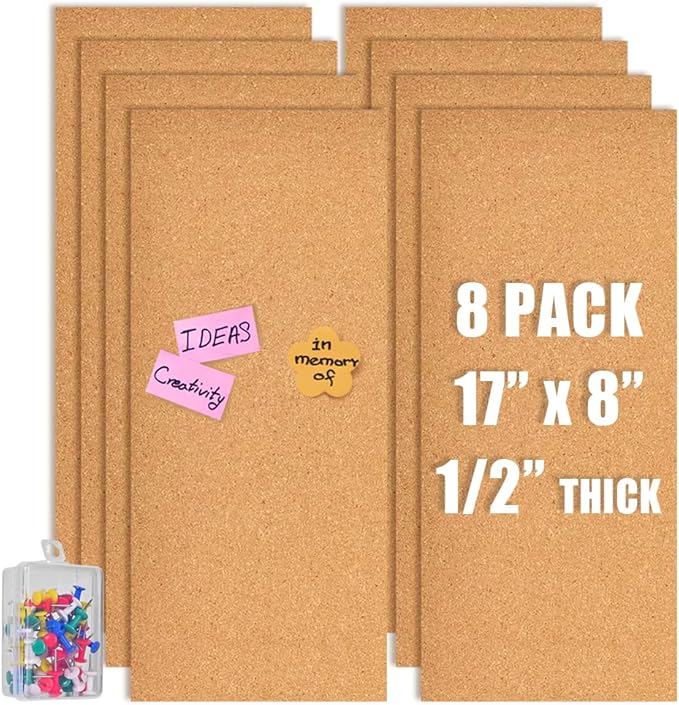 17x8 Cork Board Tiles Bulletin Board, 1/2" Thick Self-Adhesive Cork Boards for Walls, Cork Tiles Vision Board for Home, Office, School, Bulletin Board Decorations(12mm,8pc)