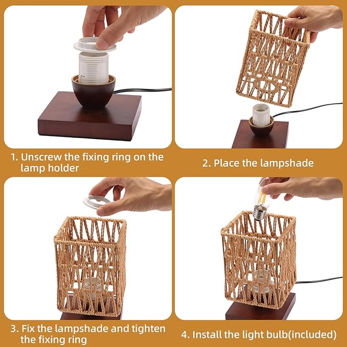 Rattan Table Lamp, Boho Bedside Lamp Vintage Wooden Nightstand Nightlight, Rustic Bamboo Woven End Table Lamps, Handmade Woven Desk Lamp, Christmas Decor for Bedroom, Living, Room Study, Kids Room