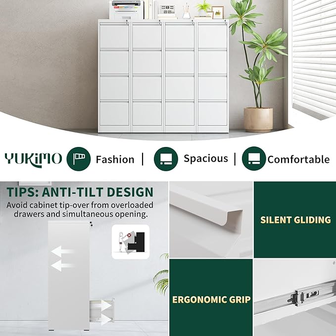 4 Drawer File Cabinet with Lock, Vertical Filing Cabinets for Home Office, Metal Locking File Cabinet Hanging Files for A4/ Legal/Letter Size, Require Assembly, White