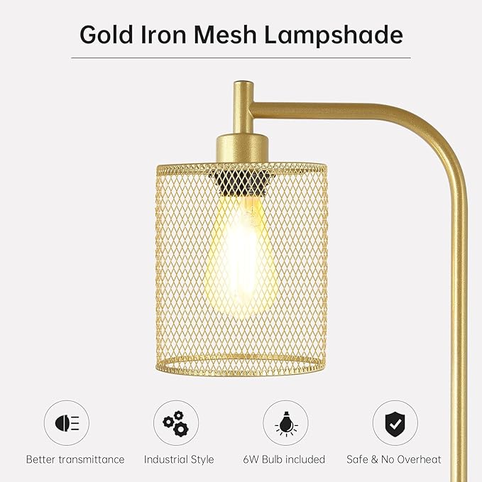 BoostArea Industrial Gold Floor Lamp, 67 Inch LED Standing Lamp with Iron Mesh Lampshade, 6W Brass Stand Up Lamp for Living Room, Bedroom, Office, Den