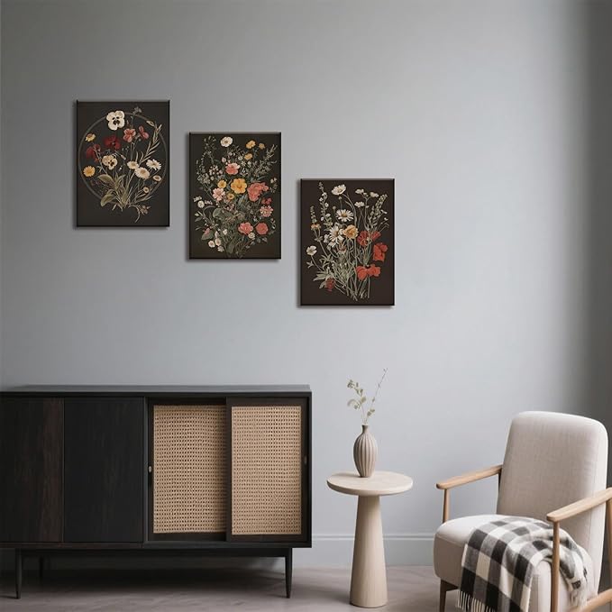 TUEASKY 3 Piece Canvas Wall Art Wildflower Wall Decor Botanical Pictures Floral Paintings Moody Framed Art Vintage Prints Dark Artwork