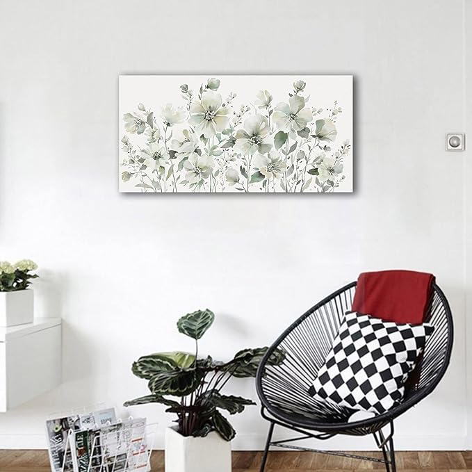 Elegant Flowers Wall Art Abstract Floral Pictures Wall Decor Modern Green Botanical Canvas Painting Flower Blossom Canvas Print Artwork for Living Room Bedroom Office Home Wall Decoration 24" x 48"