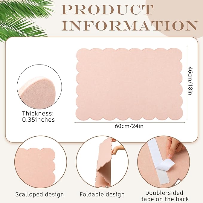 Scalloped Felt Bulletin Board 24 x 18 Inches Foldable Flesh Pink Pin Cork Board Alternative for Wall, 2' x 1.5' Trifold Picture Vision Self Adhesive Bulletin Decorative